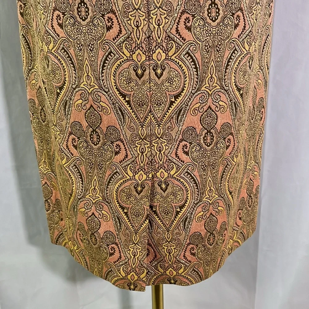 Talbots Pink Yellow & Metallic Gold Jacquard Print Silk Blend Pencil Skirt